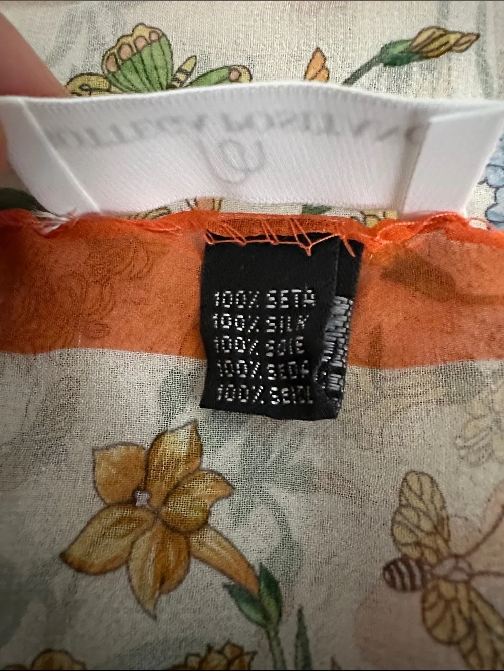 100% Silk sheer Floral Scarf with orange trim